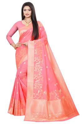 Peach woven kanchipuram silk saree with blouse 1