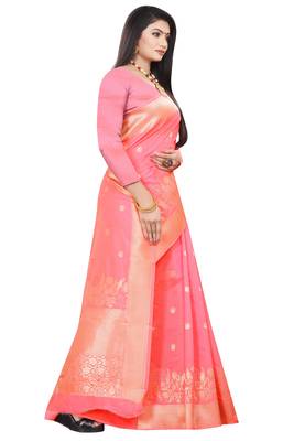 Peach woven kanchipuram silk saree with blouse 2
