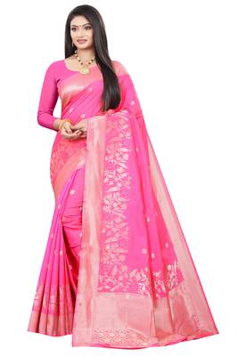 Pink woven kanchipuram silk saree with blouse 1