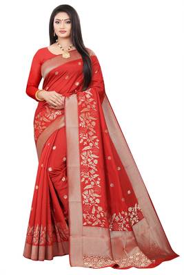 Red woven kanchipuram silk saree with blouse 1