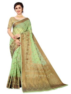 Green woven cotton saree with blouse 1