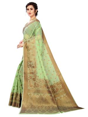 Green woven cotton saree with blouse 2