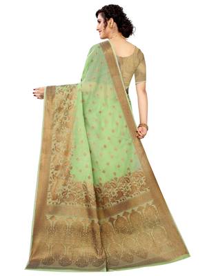 Green woven cotton saree with blouse 4