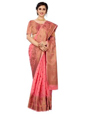 Pink woven cotton saree with blouse 1