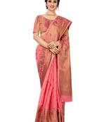 Pink woven cotton saree with blouse