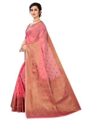 Pink woven cotton saree with blouse 2