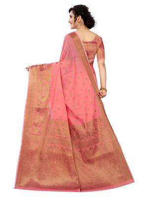 Pink woven cotton saree with blouse 3