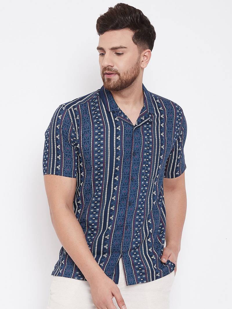 Blue Printed Viscose Rayon Shirt