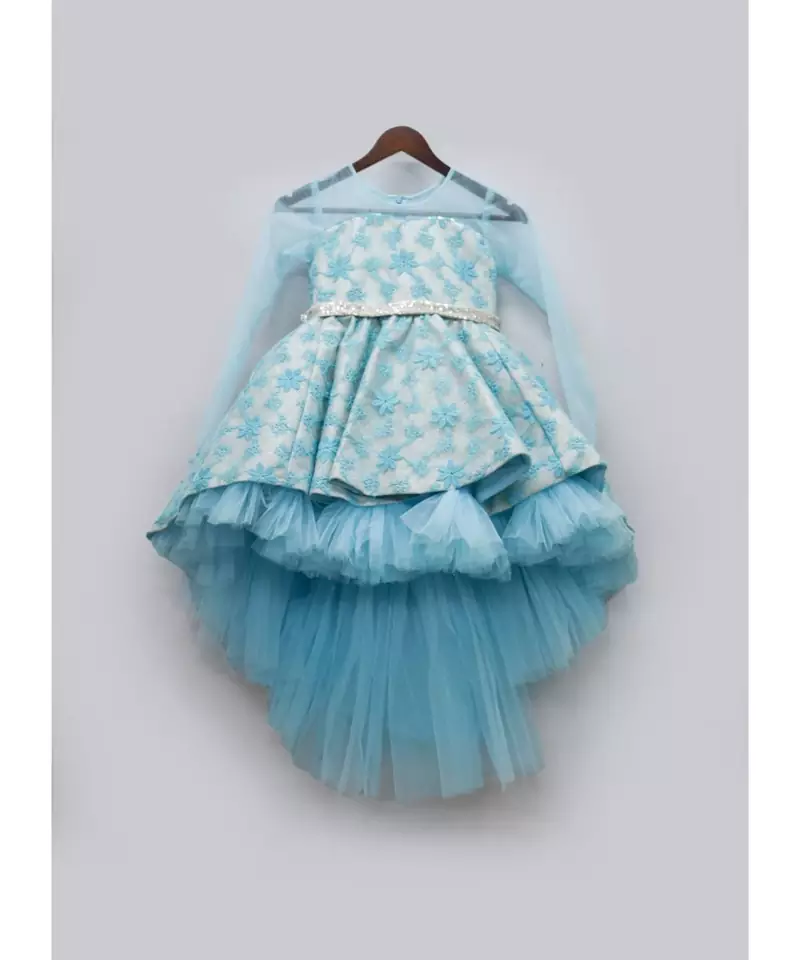 Blue Flowers Embroidery High Low Dress