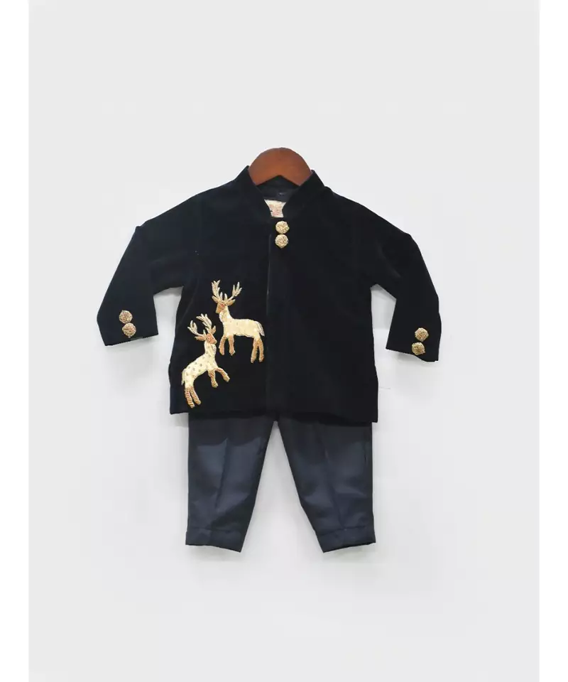 Dark Blue Velvet Bandgala with Blue Pant