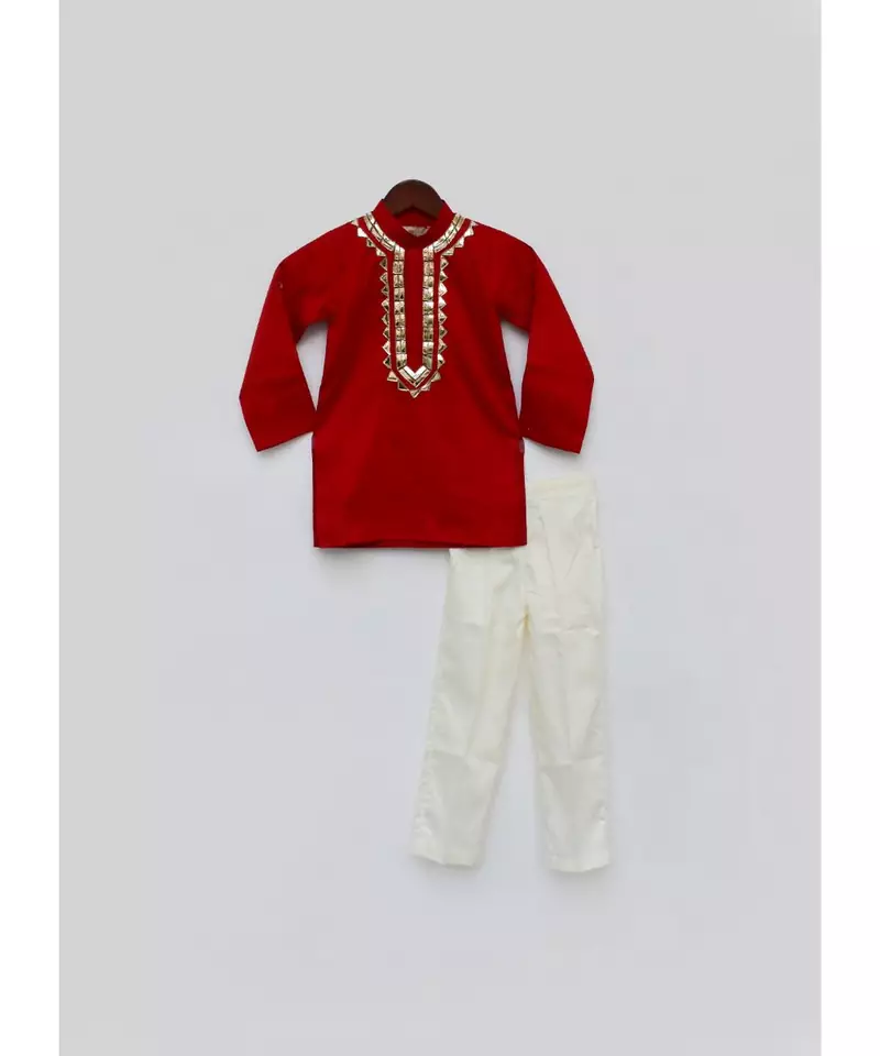 Red Cotton Silk Kurta with Golden Embroidery and Off White Pant