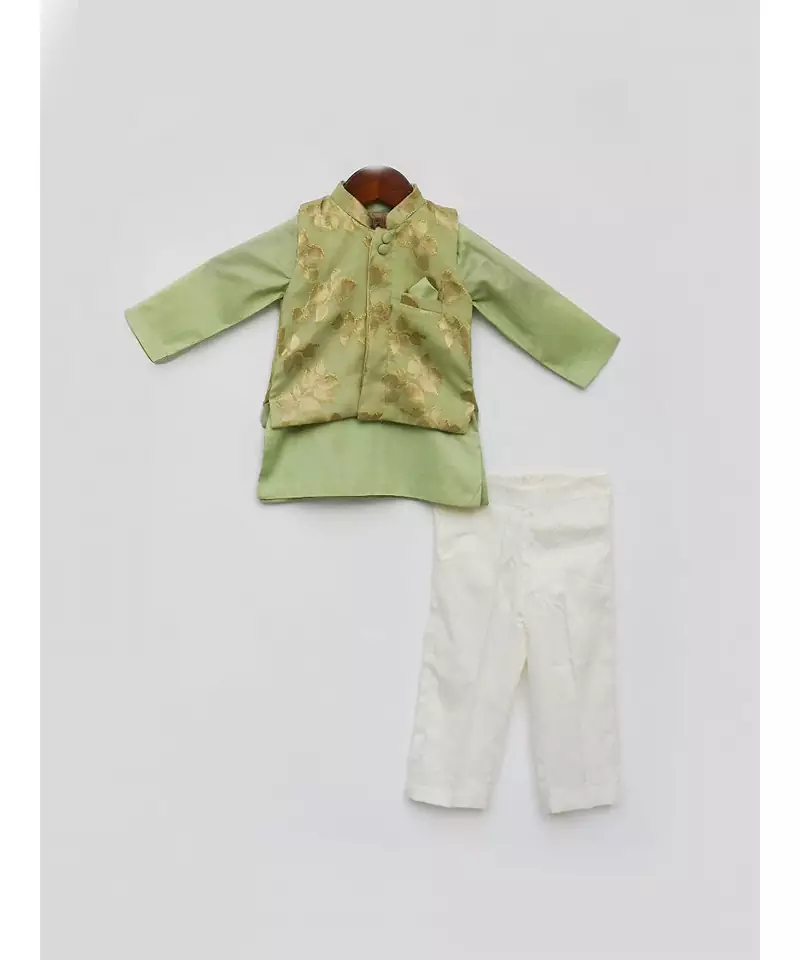 Green Chanderi Brocade Jacket with Kurta and Pant