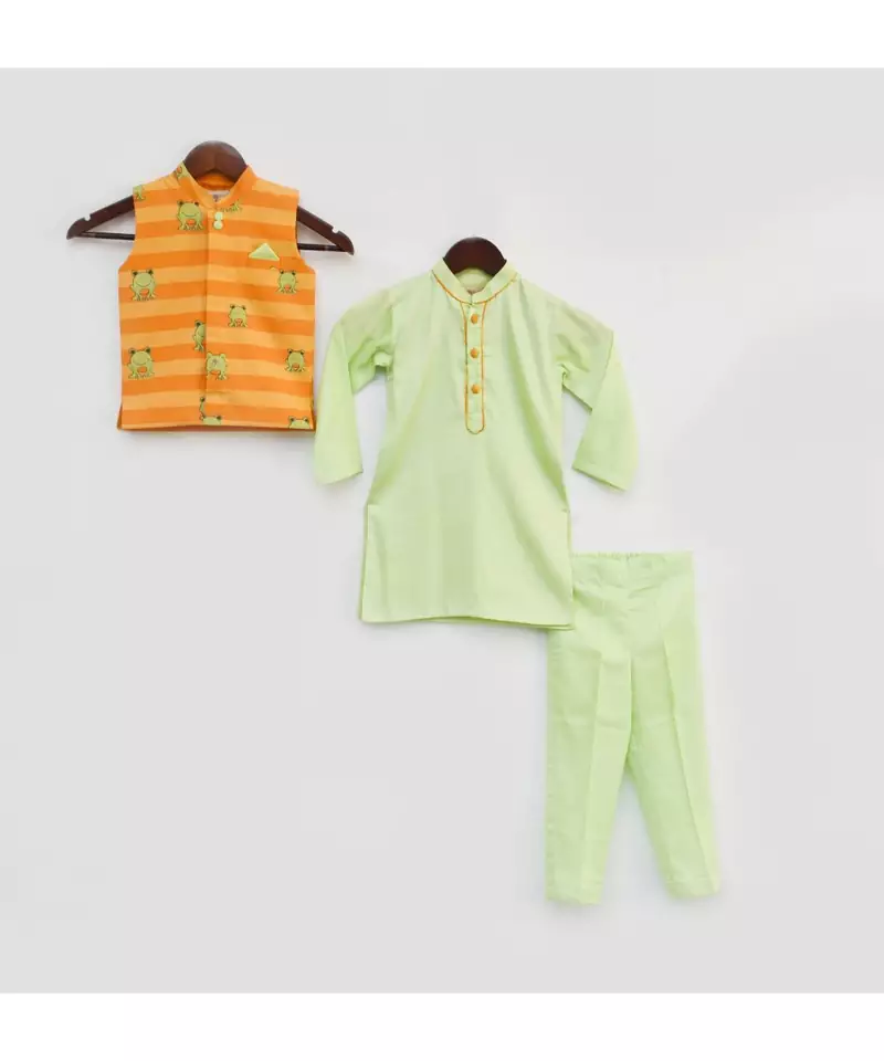 Green Kurta Pant with Orange Stripe Print Jacket