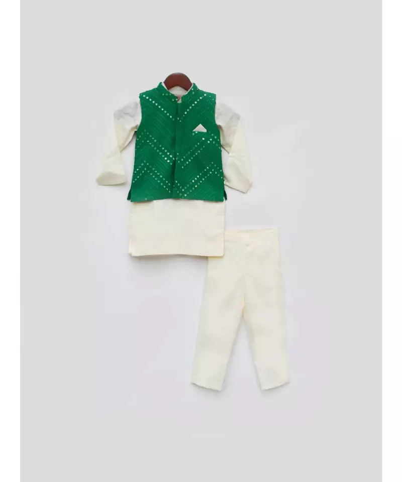 Green Mirror Embroidery Jacket with Cotton Silk Kurta and Pant