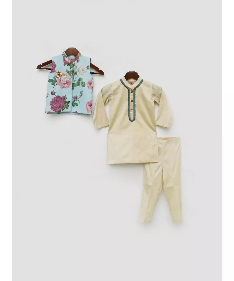 Light Fawn Kurta Pant with Blue Floral Print Jacket