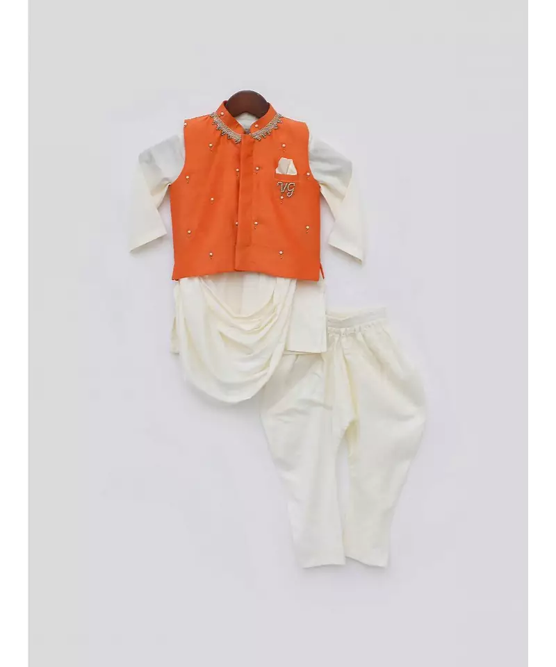 Off white Silk Cowl Kurta and Chudidar with Orange Jacket