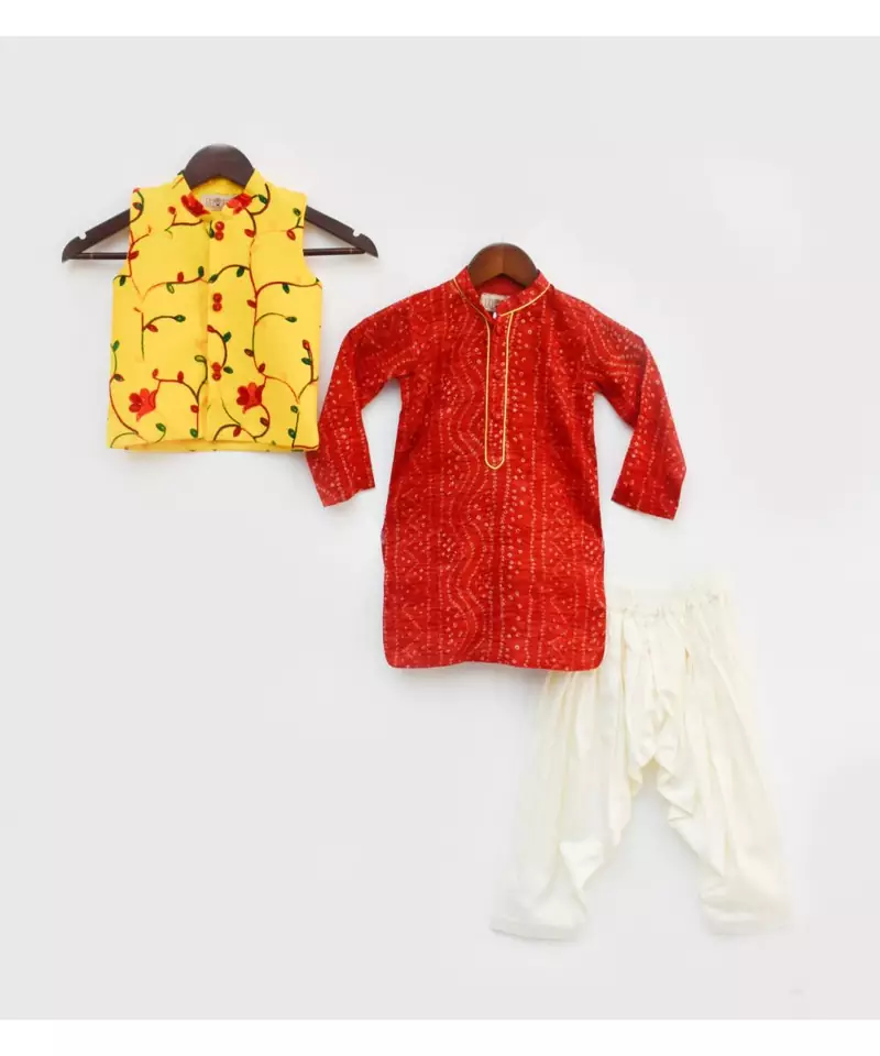 Red Bandhej Kurta with Yellow Embroidery Jacket and Salwar