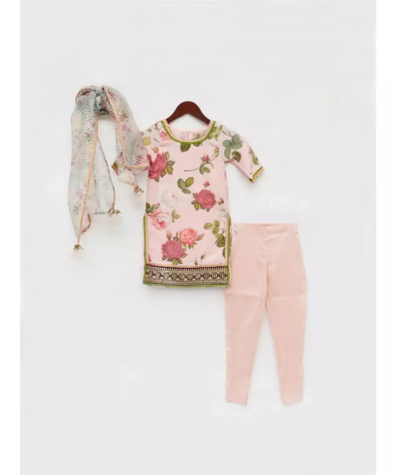 Peach Floral Kurti with Chudidar and Dupatta