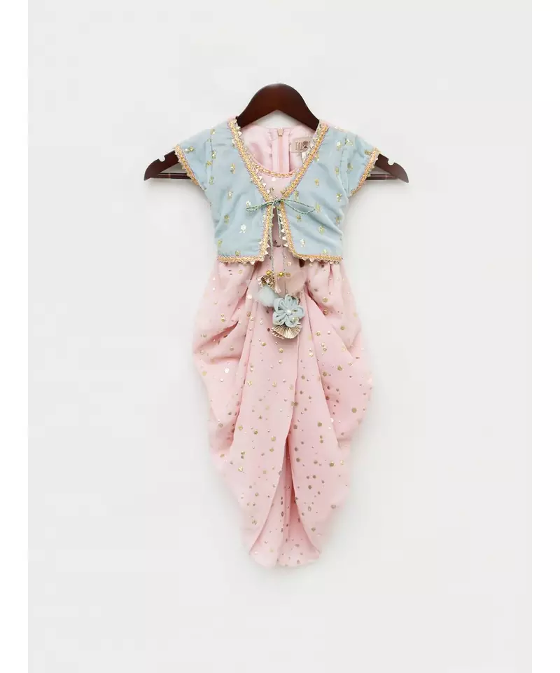 Peach Foil Georgette Dhoti Jumpsuit with Blue Velvet Jacket