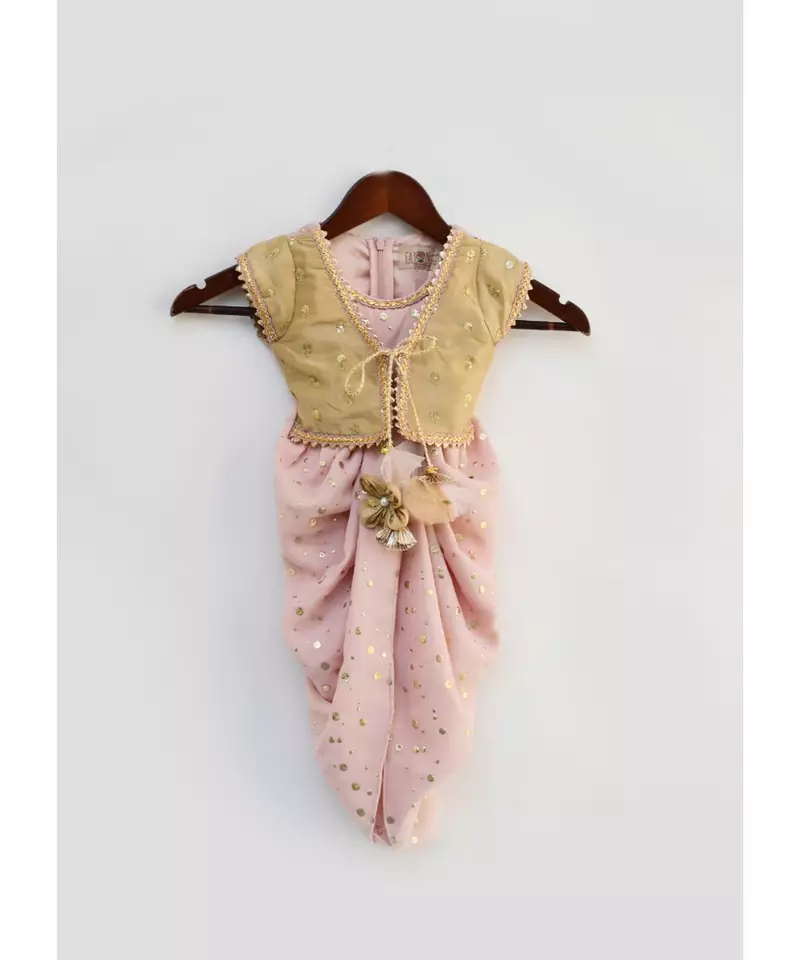 Peach Foil Georgette Dhoti Jumpsuit with Golden Jacket