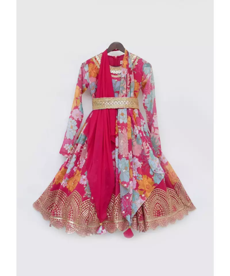Pink Floral Print Anarkali