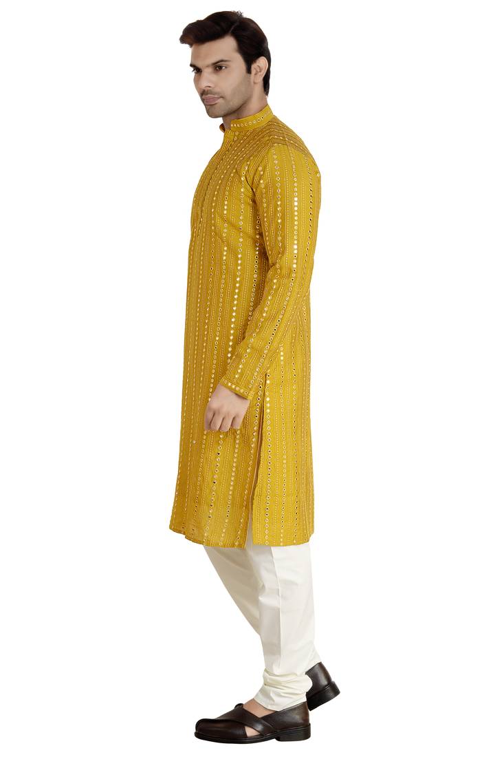 mustard yellow mirror work embroidered uppada silk kurta-pajama