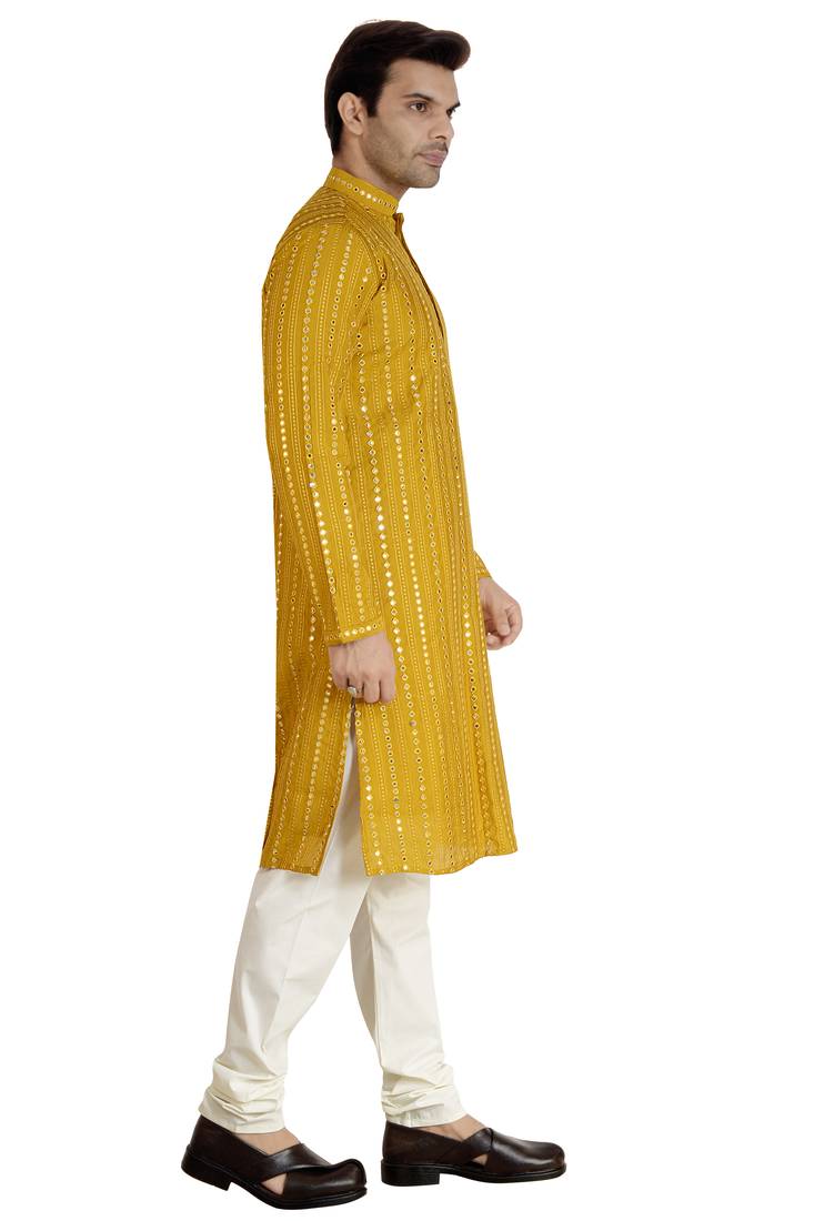 mustard yellow mirror work embroidered uppada silk kurta-pajama