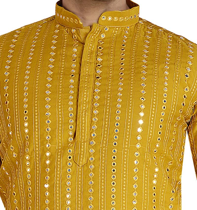 mustard yellow mirror work embroidered uppada silk kurta-pajama