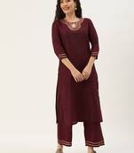 Minora Cotton Wine Embroidered Kurta Sets & Trousers 