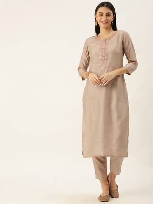 Minora Cotton Beige Embroidered Kurta Sets & Trousers  1