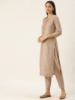 Minora Cotton Beige Embroidered Kurta Sets & Trousers  4