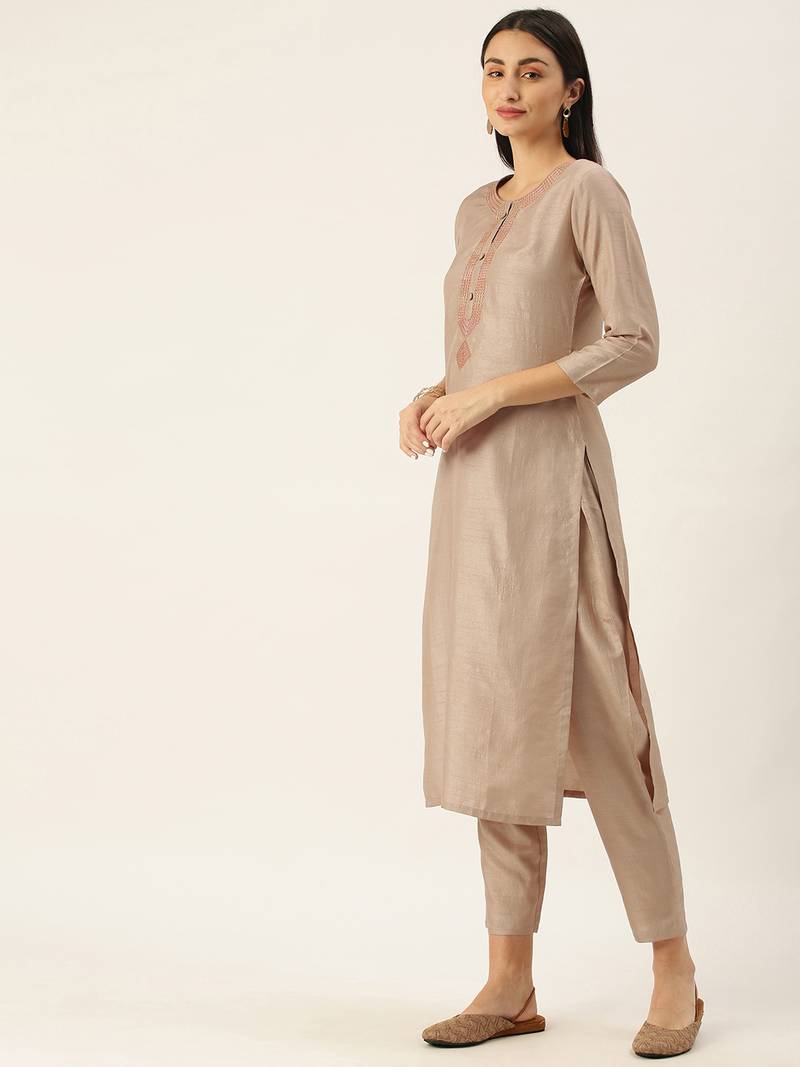 Minora Cotton Beige Embroidered Kurta Sets & Trousers 