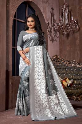 Grey woven poly silk saree with blouse 1