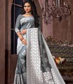 Grey woven poly silk saree with blouse