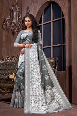 Grey woven poly silk saree with blouse 2