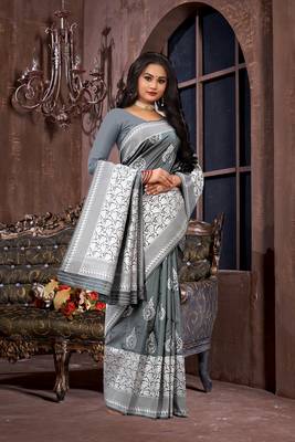 Grey woven poly silk saree with blouse 3