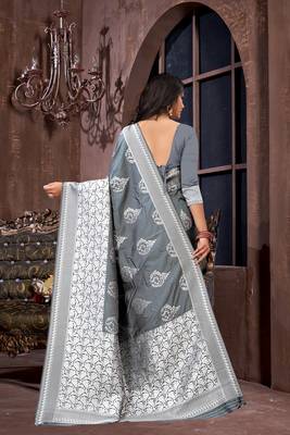Grey woven poly silk saree with blouse 4