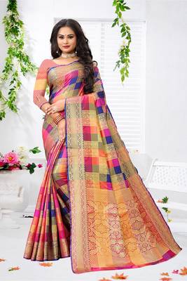 Multicolor woven faux banarasi saree with blouse 1