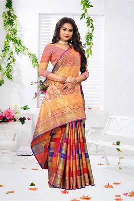 Multicolor woven faux banarasi saree with blouse 3