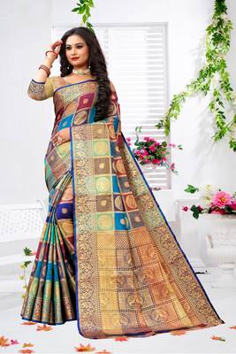 Multicolor woven banarasi silk saree with blouse 3