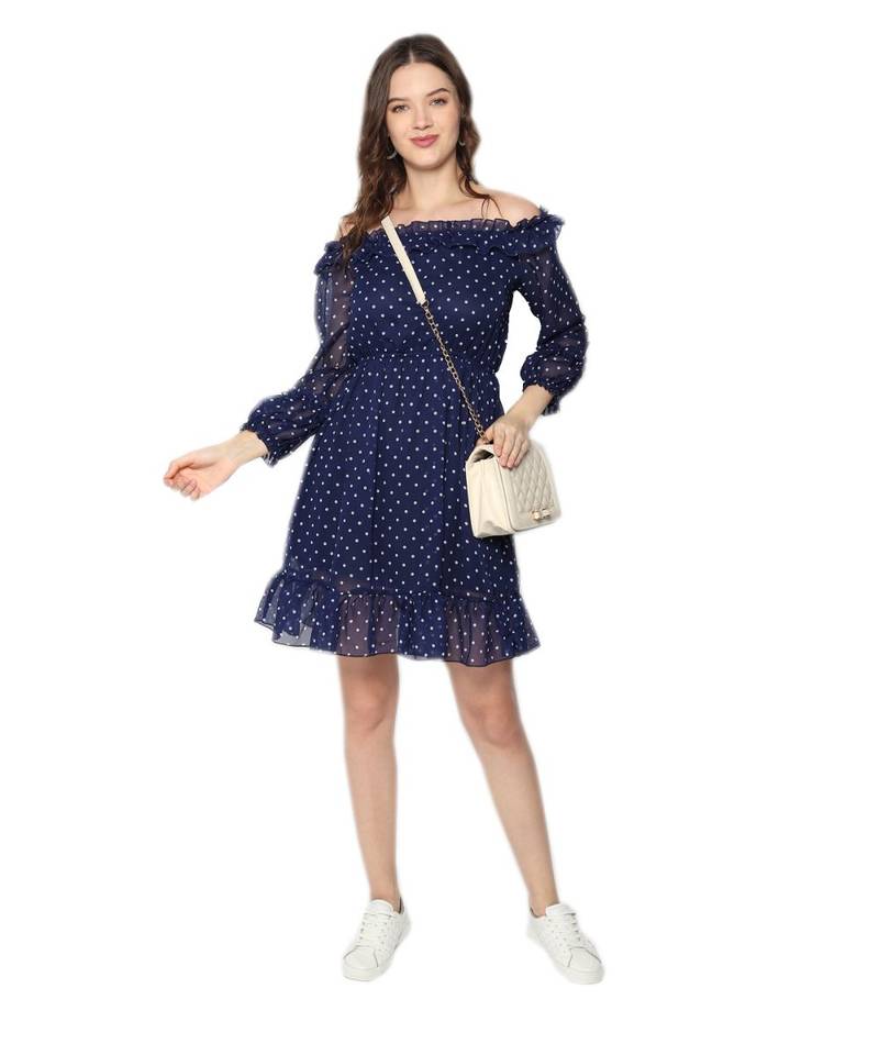 Navy Blue polka Dot work Georgette Dress for Girls Dress women Dress Girl Dress One Piece Dress Off solder Dress - KEX - 3773187 Navy Blue polka Dot work Georgette Dress for Girls Dress women Dress Girl Dress One Piece Dress Off solder Dress - KEX - 3773187