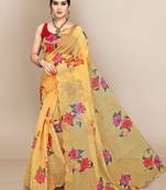 Light yellow printed organza saree with blouse