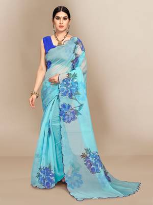 Light blue printed organza saree with blouse 1