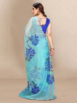 Light blue printed organza saree with blouse 2
