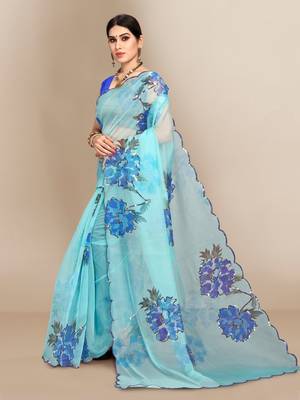 Light blue printed organza saree with blouse 3
