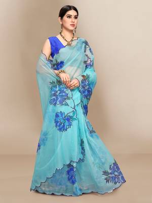 Light blue printed organza saree with blouse 4