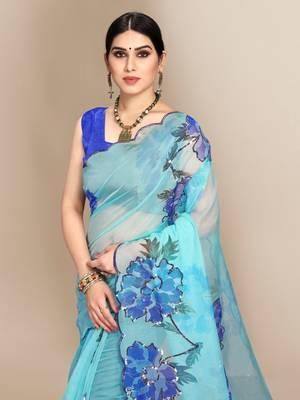 Light blue printed organza saree with blouse 5