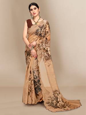 Brown printed organza saree with blouse 1