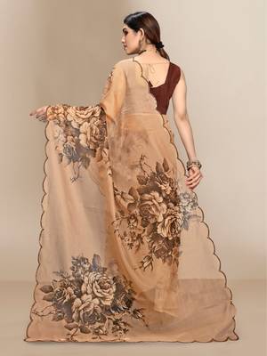 Brown printed organza saree with blouse 2