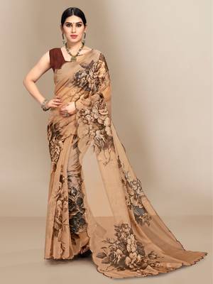 Brown printed organza saree with blouse 3